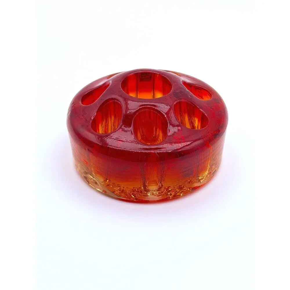 Vintage Fenton Amberina Glass Flower Frog 8 Hole Cadmium Glow UV Blacklight